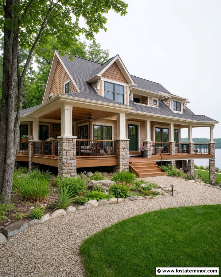 Tan Lake House With Cedar Shakes And Deck - 30 Tan House Design With Cedar Shake Ideas