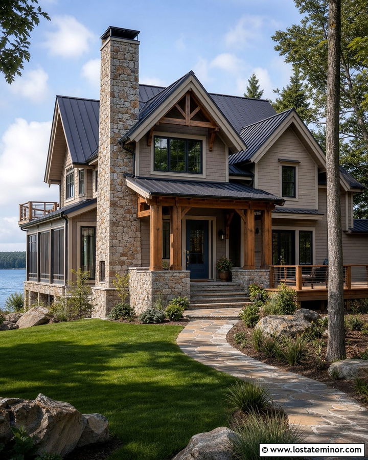 Tan Lake House With Full Height Stone Chimney - 30 Tan House Design With Chimney Ideas