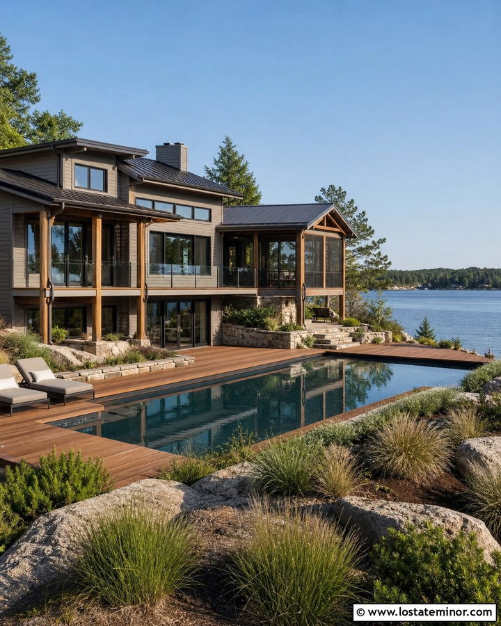Tan Lake House With Pool And Wood Deck - 30 Tan House Design With Swimming Pool Ideas