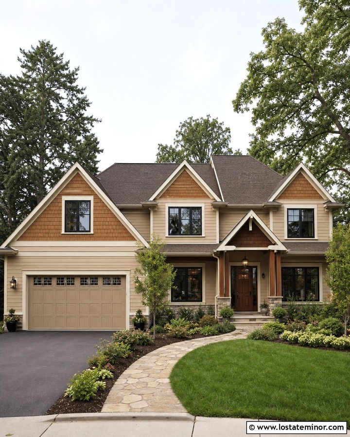 Tan Lap Siding With Cedar Shake Accents - 30 Tan House Design With Cedar Shake Ideas