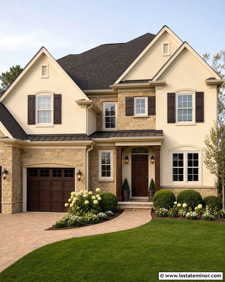 Tan Ledge Stone House With Dark Brown Shutters - 30 Stone House Design With Shutters Ideas