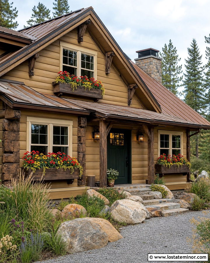 Tan Log Cabin With Rustic Window Boxes - 30 Tan House Design With Window Boxes Ideas