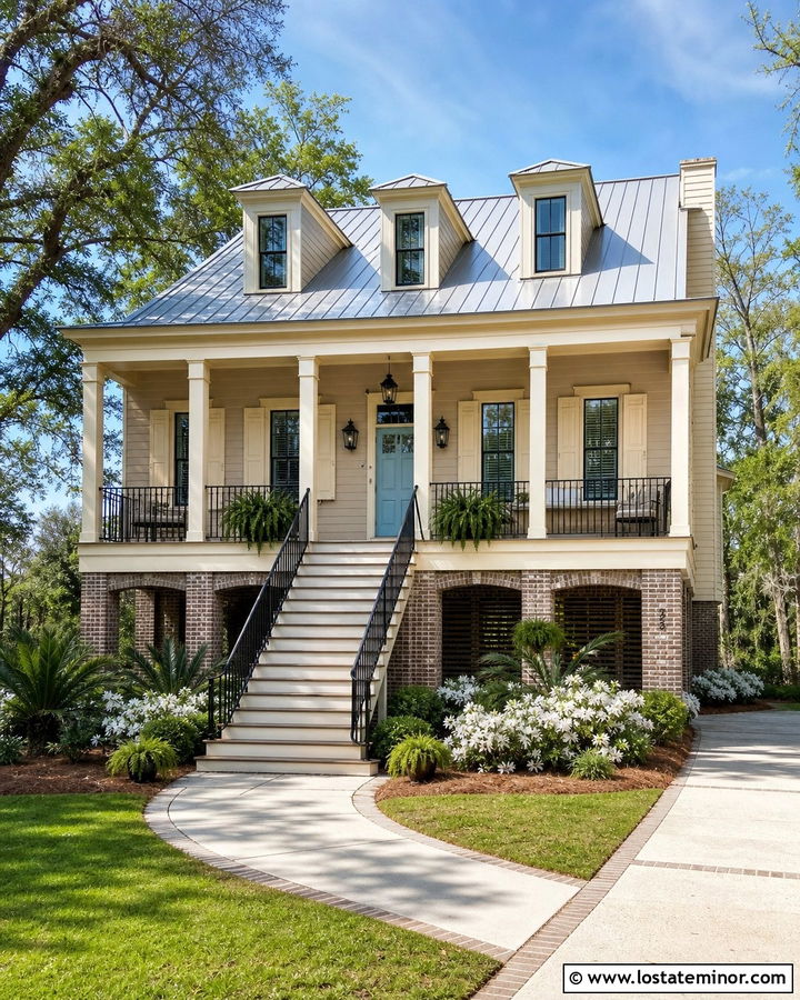 Tan Lowcountry House With Cream Shutters - 30 Tan House Design With Shutters Ideas