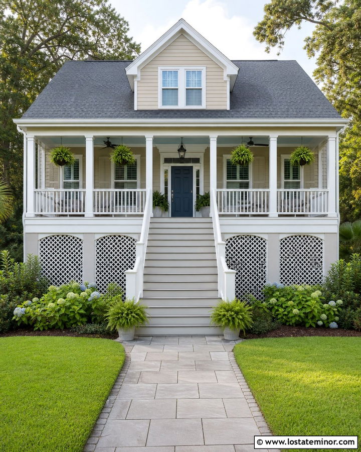 Tan Lowcountry House With Raised Front Porch - 30 Tan House Design With Front Porch Ideas