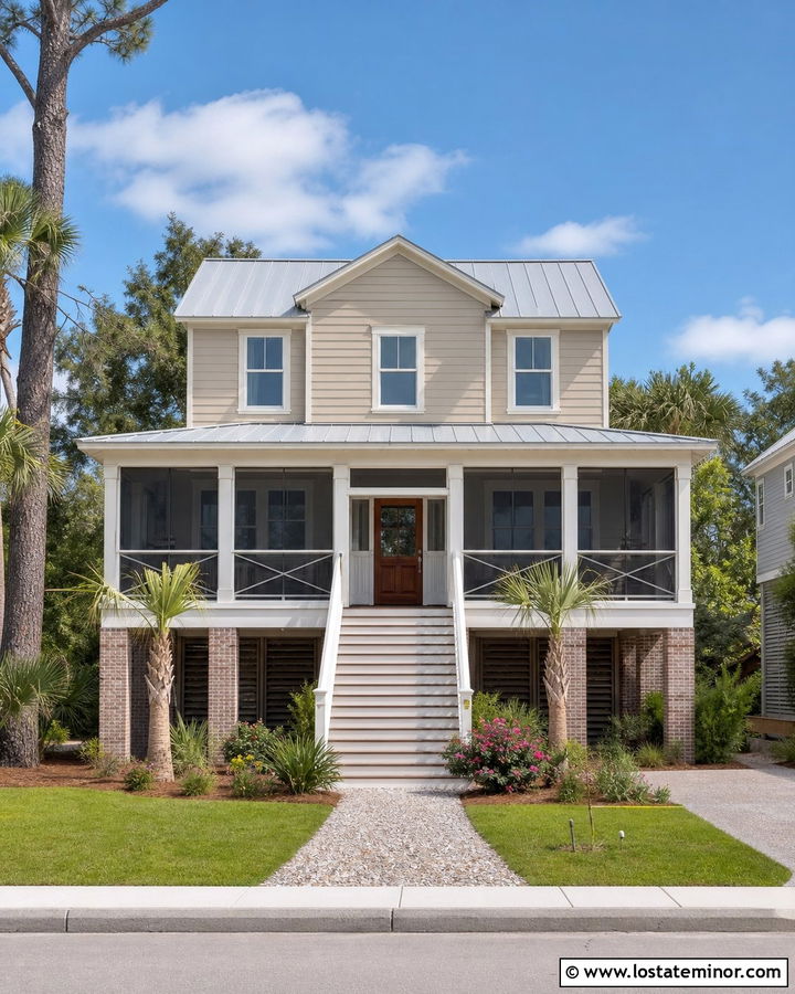Tan Lowcountry House With Screened Deck - 30 Tan House Design With Deck Ideas