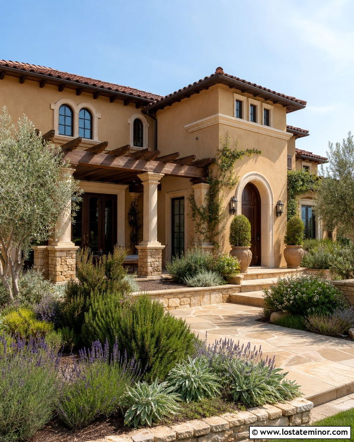 Tan Mediterranean House With Arched Pergola - 30 Tan House Design With Pergola Ideas