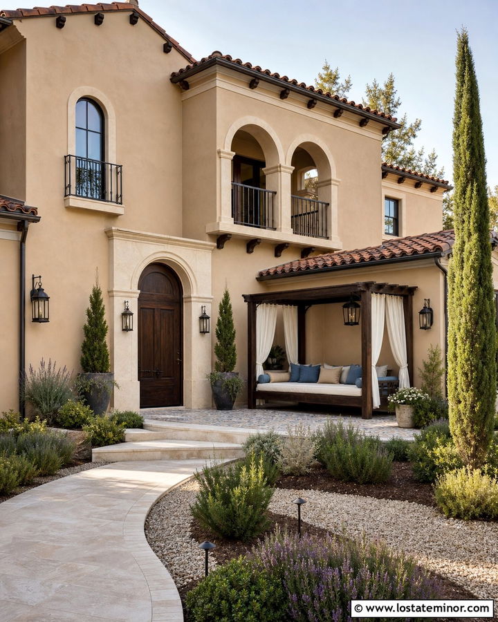 Tan Mediterranean House With Canopy Daybed - 30 Tan House Design With Daybed Ideas