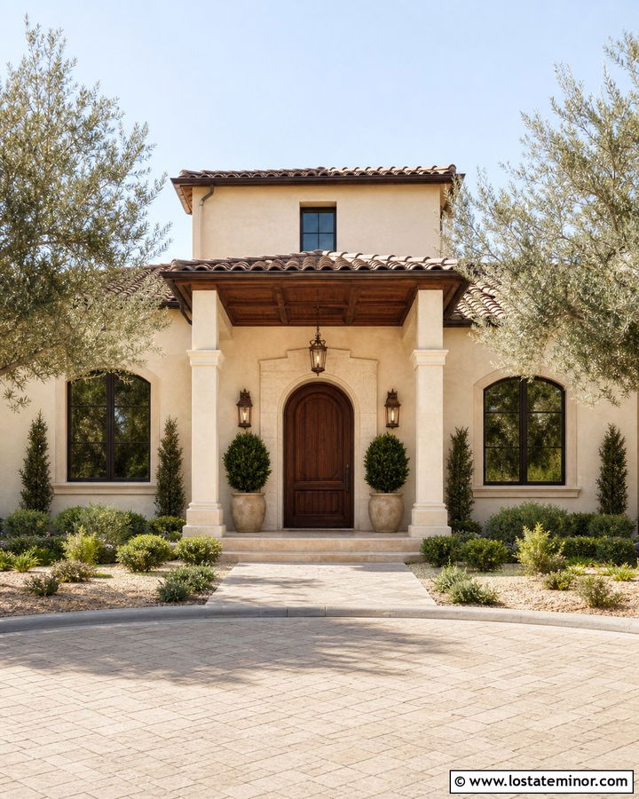 Tan Mediterranean House With Coffered Wood Porch Ceiling - 30 Tan House Design With Porch Ceiling Ideas