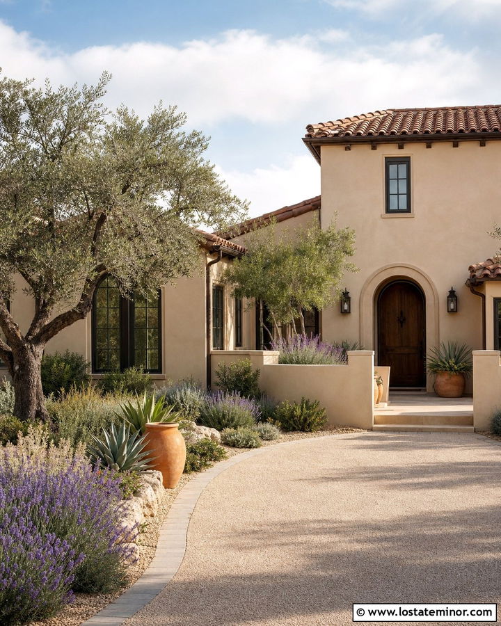 Tan Mediterranean House With Courtyard Landscaping - 30 Tan House Design With Front Yard Ideas