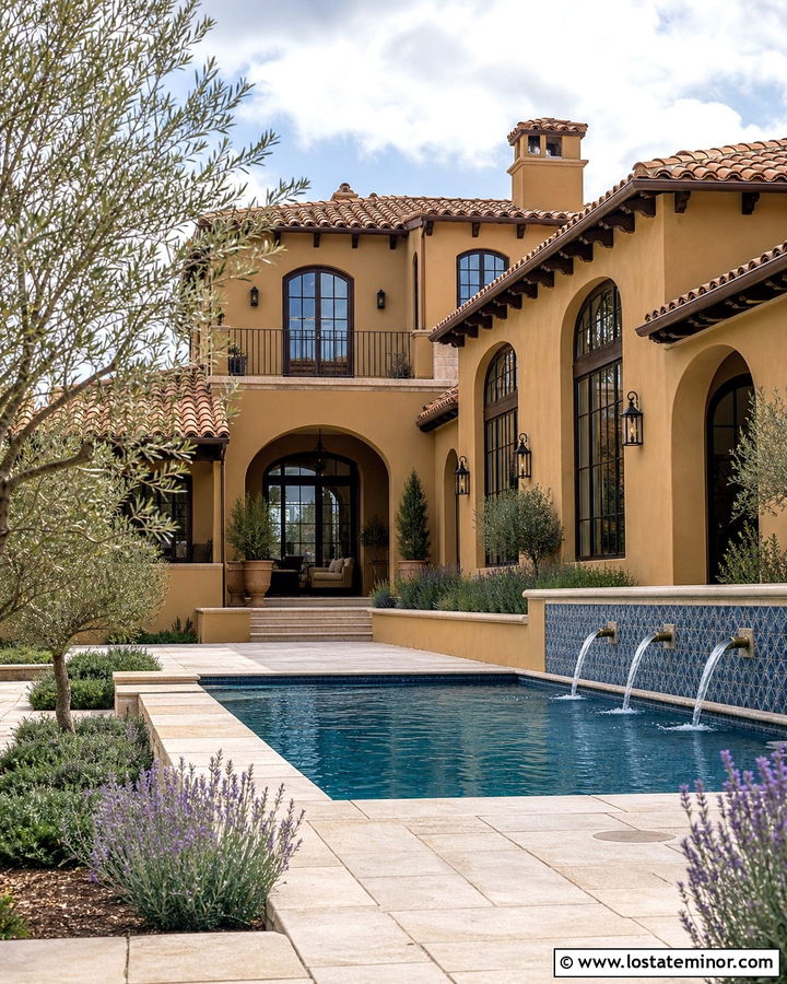 Tan Mediterranean House With Courtyard Pool - 30 Tan House Design With Swimming Pool Ideas