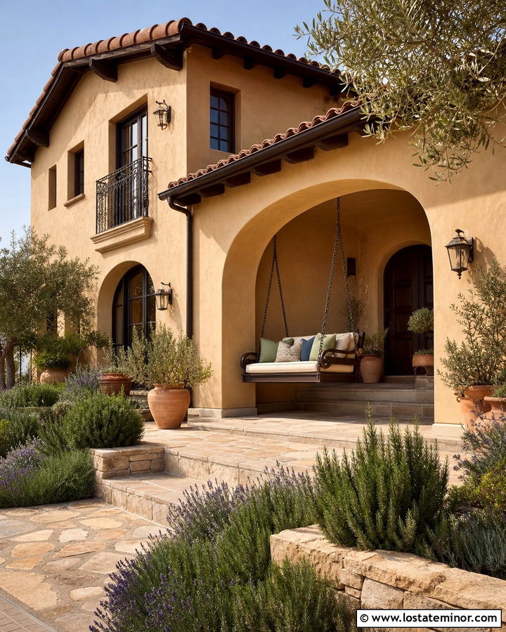 Tan Mediterranean House With Iron Swing - 30 Tan House Design With Swing Ideas