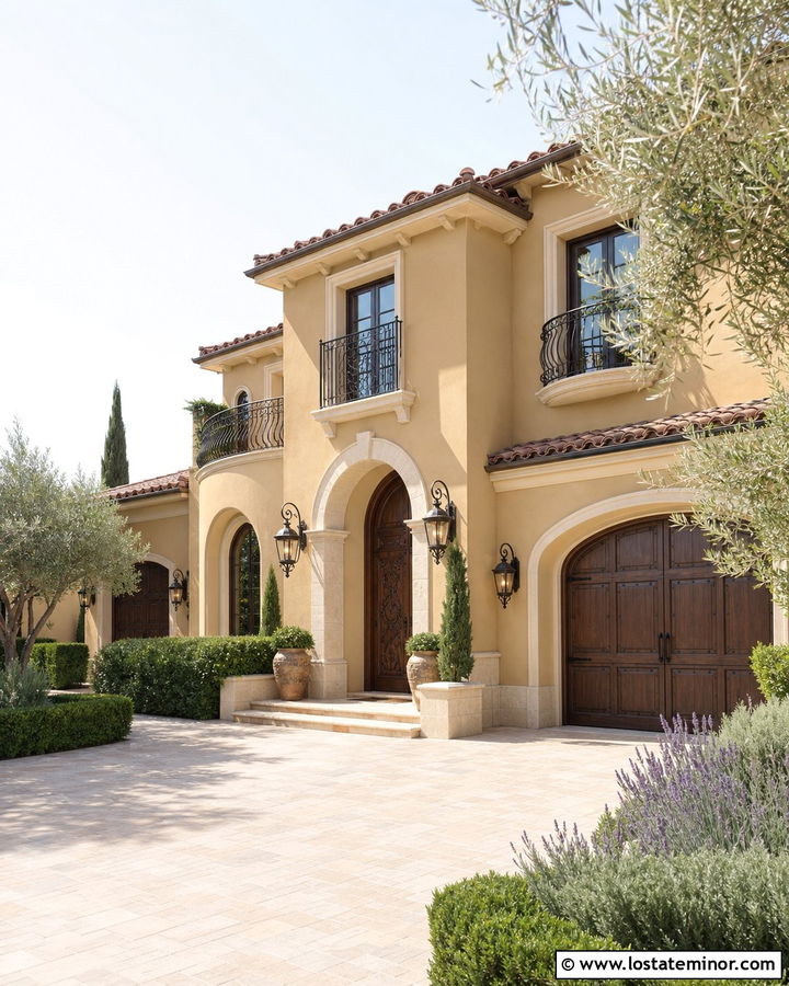 Tan Mediterranean House With Scroll Lanterns - 30 Tan House Design With Light Fixtures Ideas