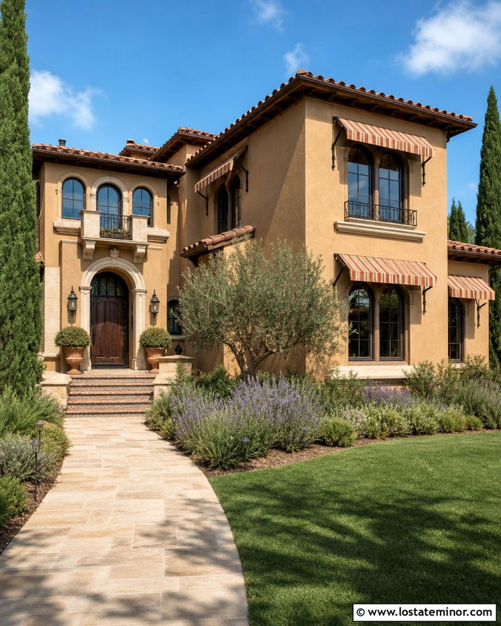 Tan Mediterranean House With Terracotta Awnings - 30 Tan House Design With Awning Ideas