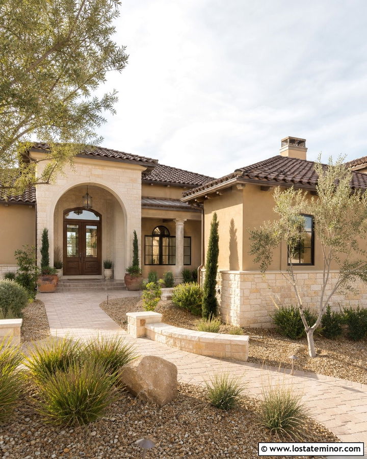 Tan Mediterranean House With Travertine Stone - 30 Tan House Design With Stone Accents Ideas