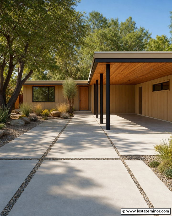 Tan Mid Century House With Flat Roof Carport - 30 Tan House Design With Carport Ideas
