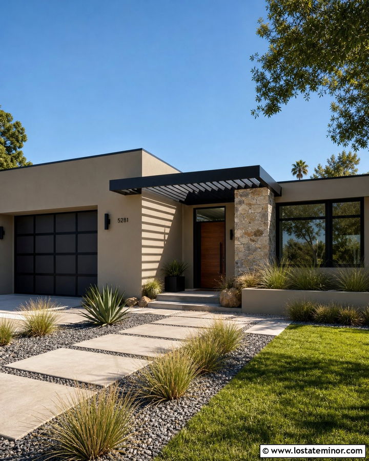 Tan Midcentury House With Black Slatted Awning - 30 Tan House Design With Awning Ideas
