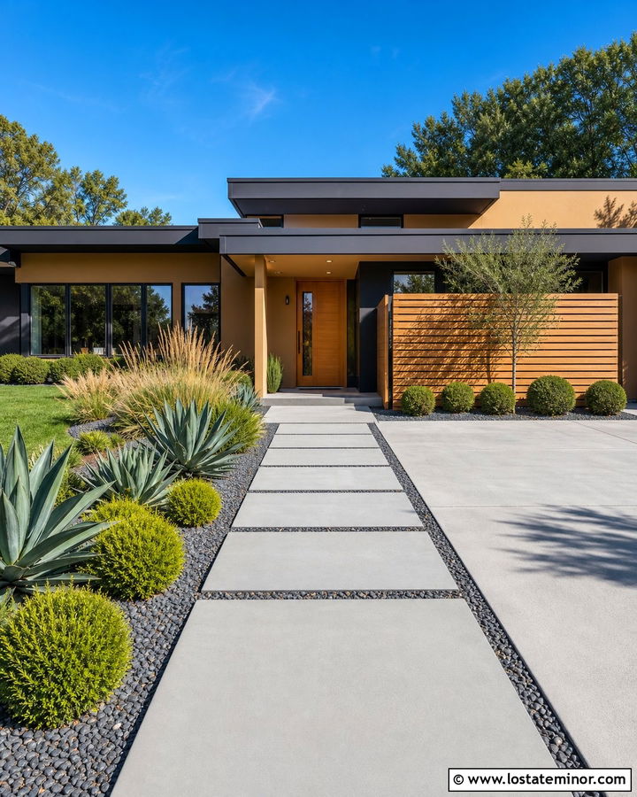 Tan Midcentury House With Floating Concrete Walkway - 30 Tan House Design With Walkway Ideas