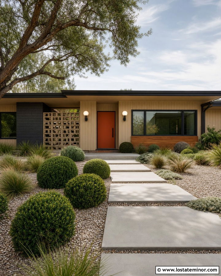 Tan Midcentury House With Globe Lights - 30 Tan House Design With Light Fixtures Ideas