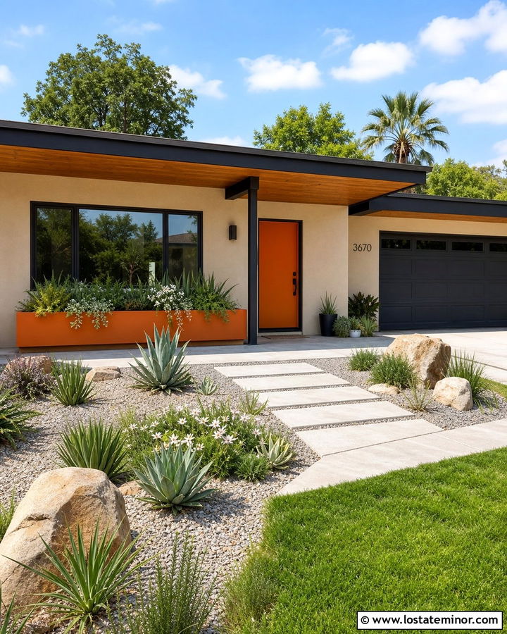 Tan Midcentury House With Orange Window Boxes - 30 Tan House Design With Window Boxes Ideas
