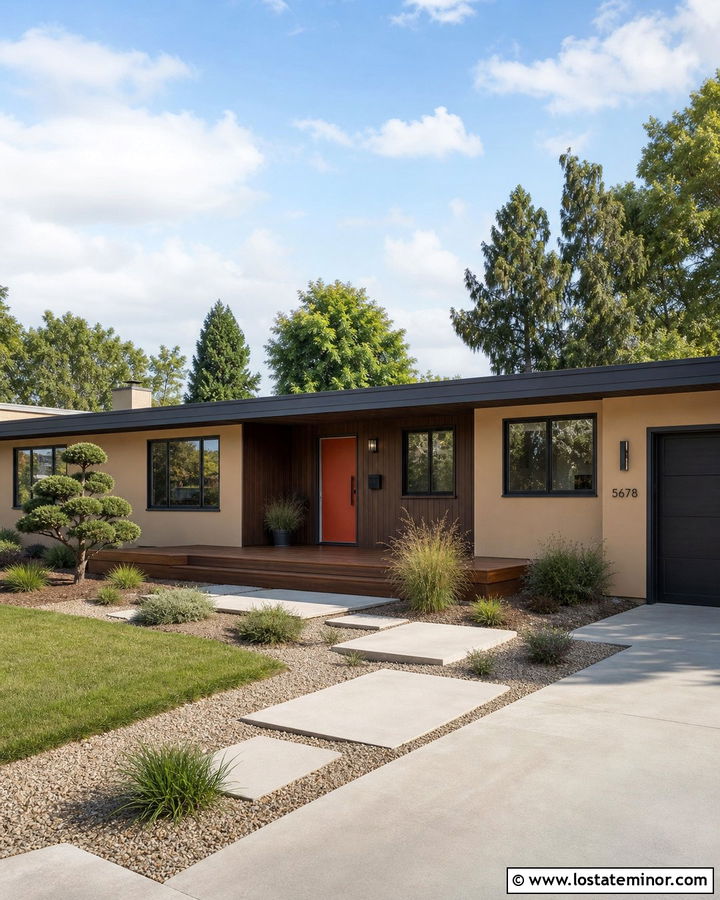 Tan Midcentury House With Platform Deck - 30 Tan House Design With Deck Ideas