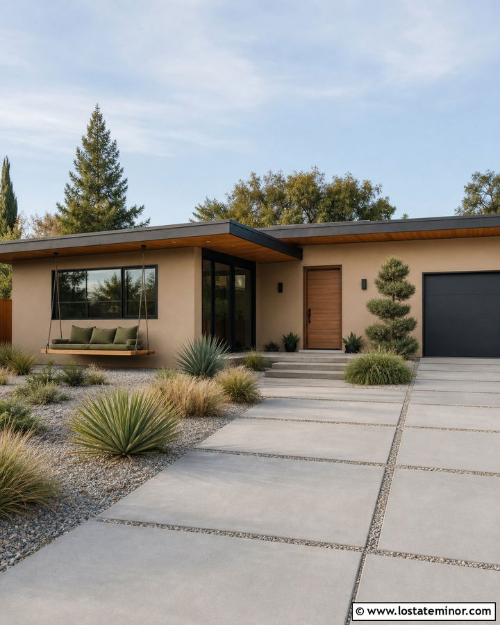 Tan Midcentury House With Platform Swing - 30 Tan House Design With Swing Ideas