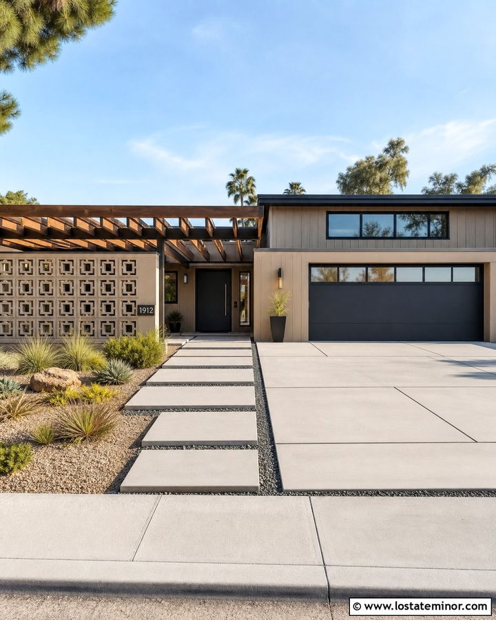 Tan Midcentury House With Slatted Pergola - 30 Tan House Design With Pergola Ideas