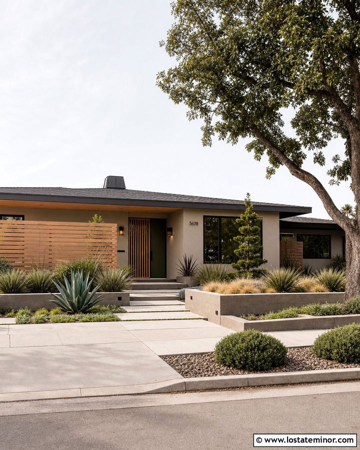 Tan Midcentury House With Wood Slat Screen Door - 30 Tan House Design With Screen Door Ideas