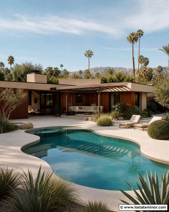 Tan Midcentury Modern House With Kidney Pool - 30 Tan House Design With Swimming Pool Ideas