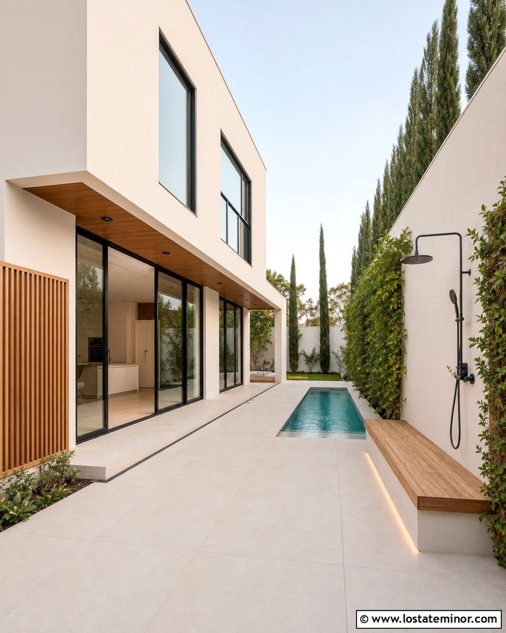 Tan Minimalist House With Narrow Pool - 30 Tan House Design With Swimming Pool Ideas