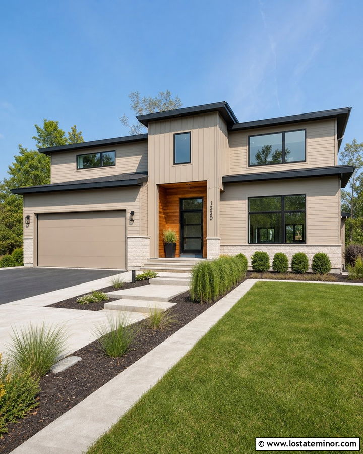 Tan Mixed Siding Contemporary House - 30 Tan House Design With Siding Ideas