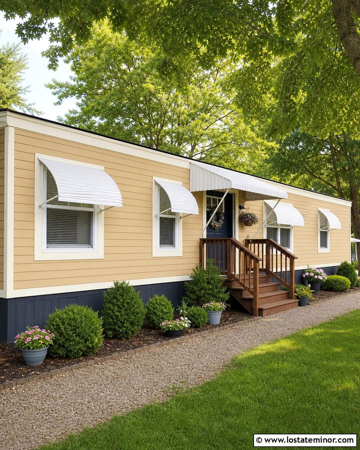 Tan Mobile Home With Curved Aluminum Awnings - 30 Tan House Design With Awning Ideas