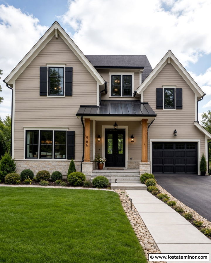 Tan Modern Farmhouse With Black Board And Batten Shutters - 30 Tan House Design With Shutters Ideas