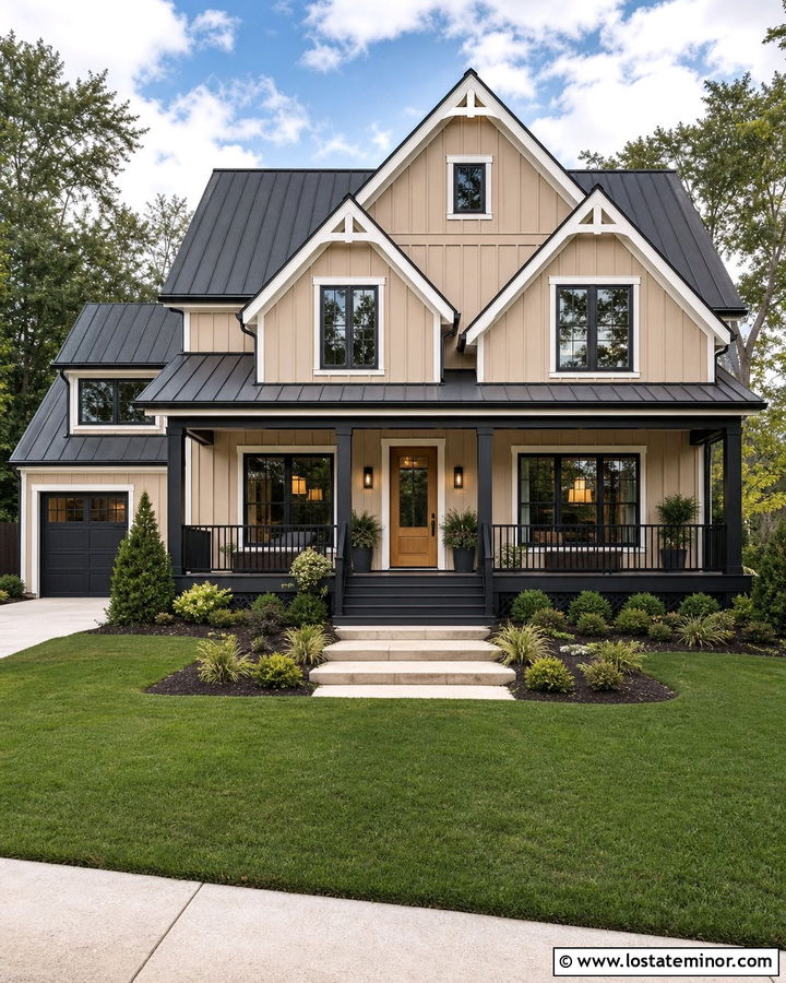 Tan Modern Farmhouse With Black Deck - 30 Tan House Design With Deck Ideas