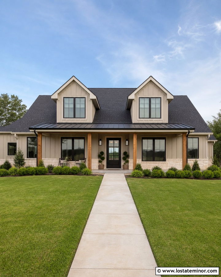 Tan Modern Farmhouse With Black Dormers - 30 Tan House Design With Dormers Ideas