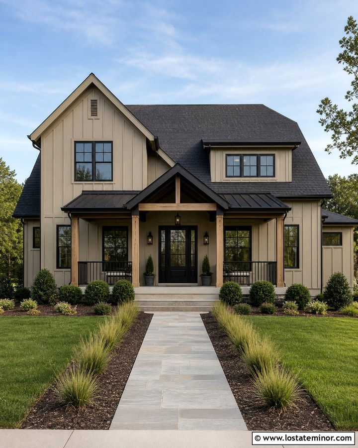 Tan Modern Farmhouse With Black Front Porch - 30 Tan House Design With Front Porch Ideas