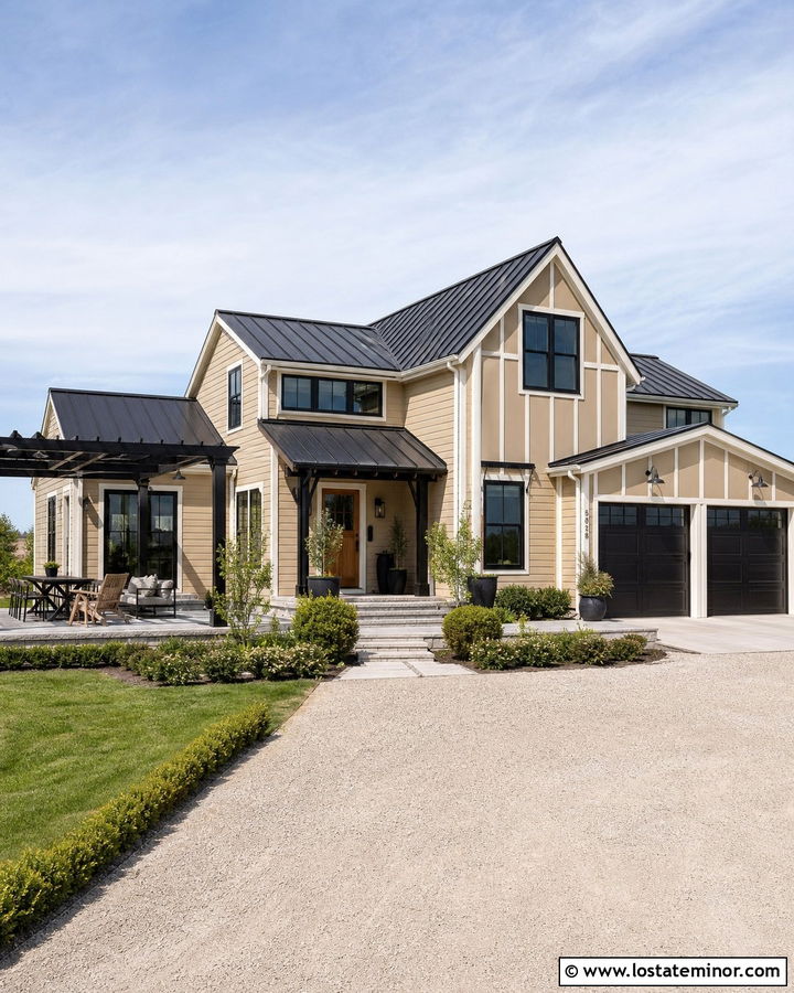 Tan Modern Farmhouse With Black Pergola - 30 Tan House Design With Pergola Ideas