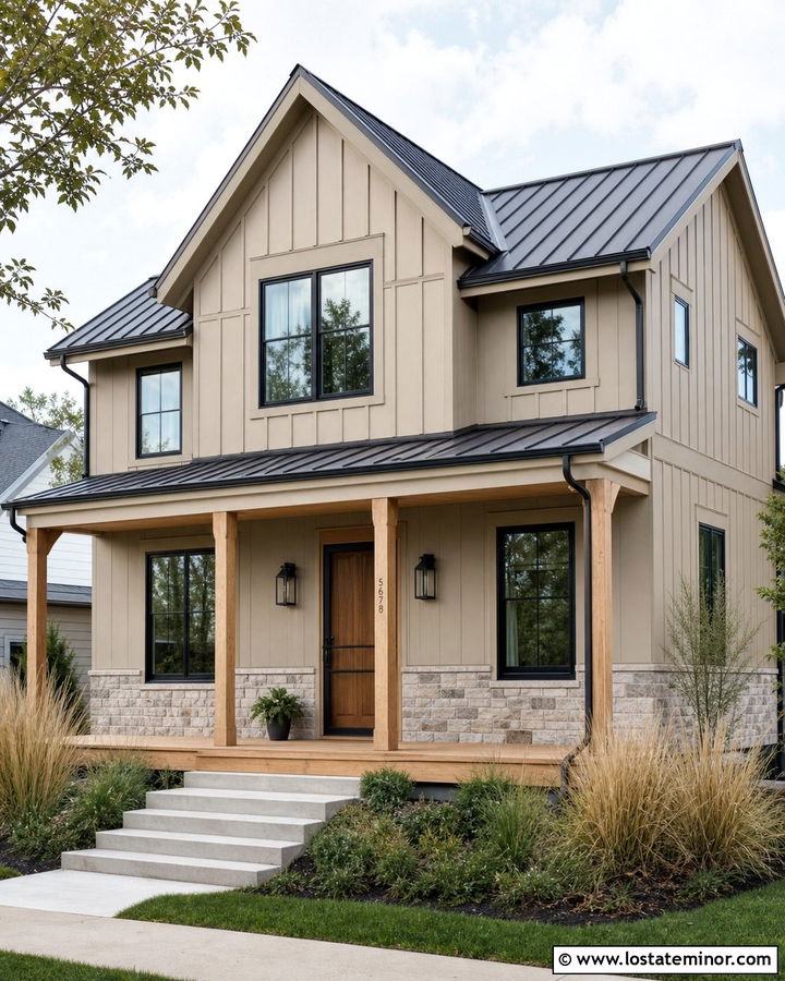 Tan Modern Farmhouse With Black Screen Door - 30 Tan House Design With Screen Door Ideas