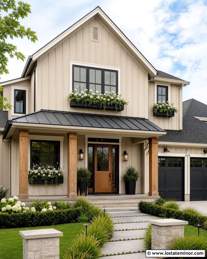 Tan Modern Farmhouse With Black Window Boxes - 30 Tan House Design With Window Boxes Ideas