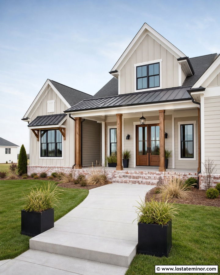 Tan Modern Farmhouse With Brick Skirting - 30 Tan House Design With Brick Accents Ideas