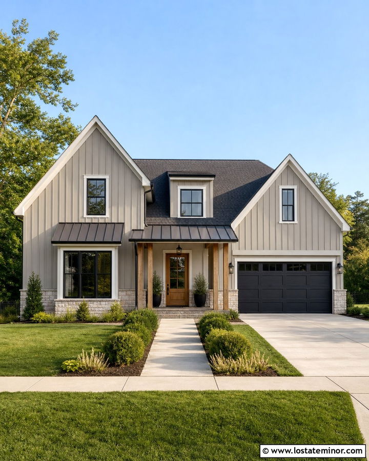 Tan Modern Farmhouse With Charcoal Awning - 30 Tan House Design With Awning Ideas
