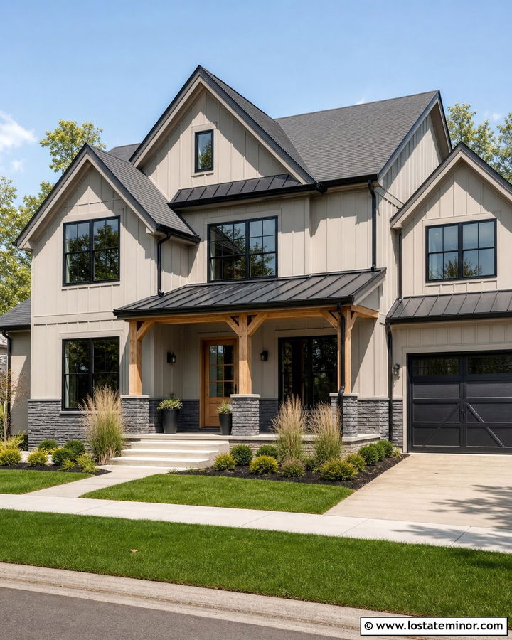 Tan Modern Farmhouse With Charcoal Stone Wainscoting - 30 Tan House Design With Wainscoting Ideas