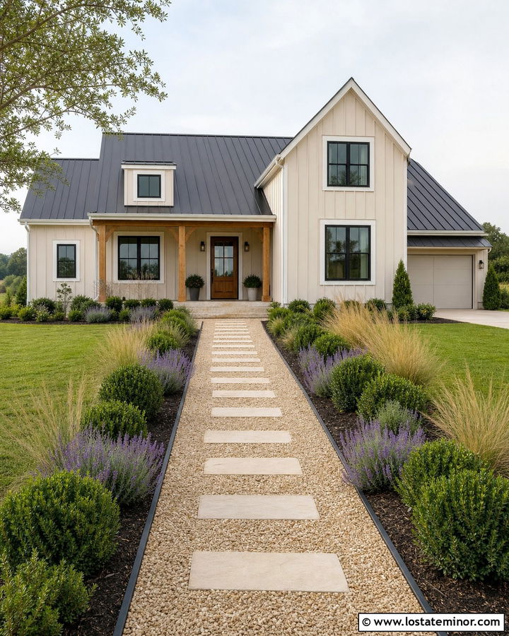 Tan Modern Farmhouse With Gravel Walkway - 30 Tan House Design With Walkway Ideas