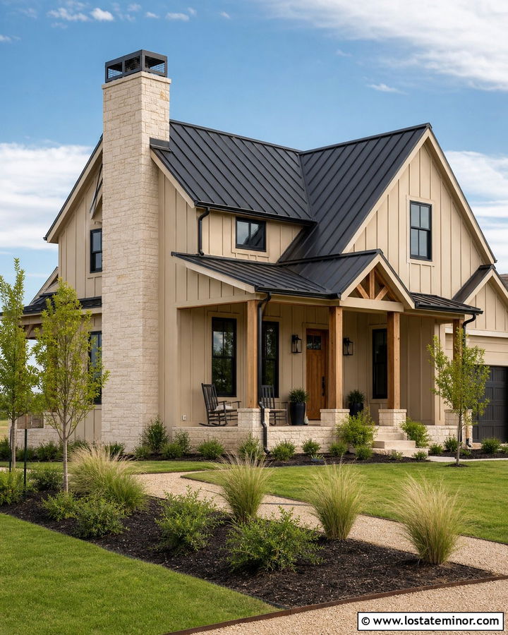 Tan Modern Farmhouse With Limestone Chimney - 30 Tan House Design With Chimney Ideas