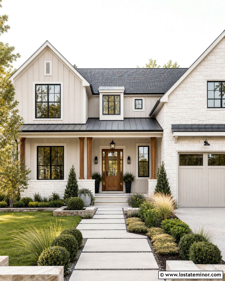 Tan Modern Farmhouse With White Stone - 30 Tan House Design With Stone Accents Ideas