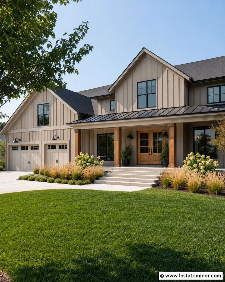 Tan Modern Farmhouse With Wood Columns - 30 Tan House Design With Porch Columns Ideas