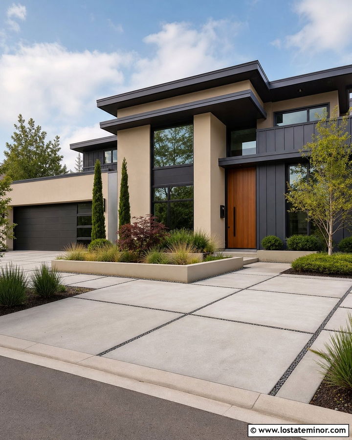 Tan Modern House With Concrete Paver Driveway - 30 Tan House Design With Driveway Ideas