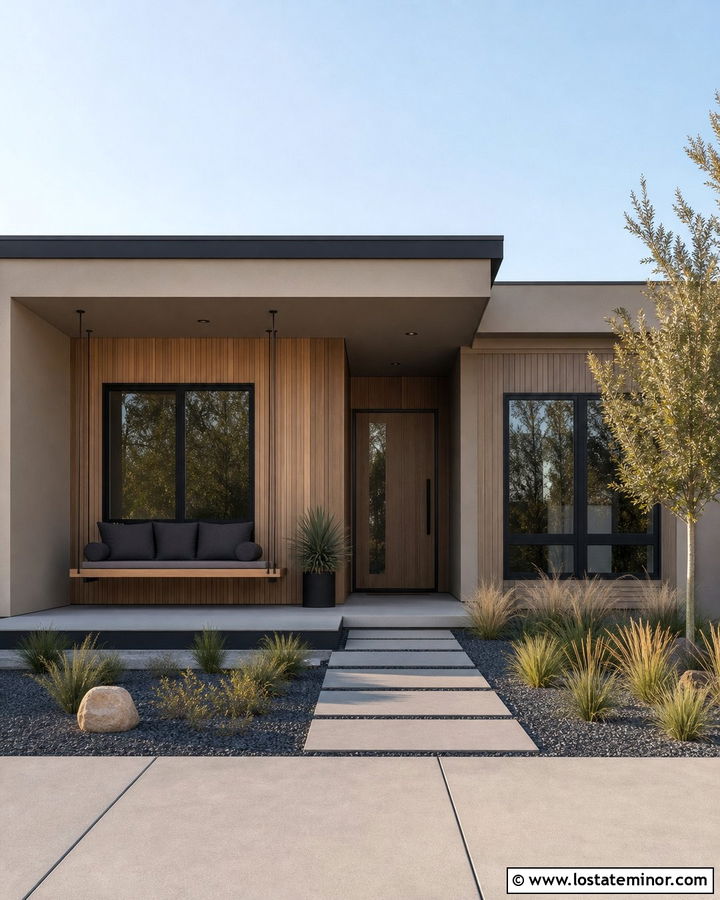 Tan Modern House With Hanging Bench Swing - 30 Tan House Design With Swing Ideas