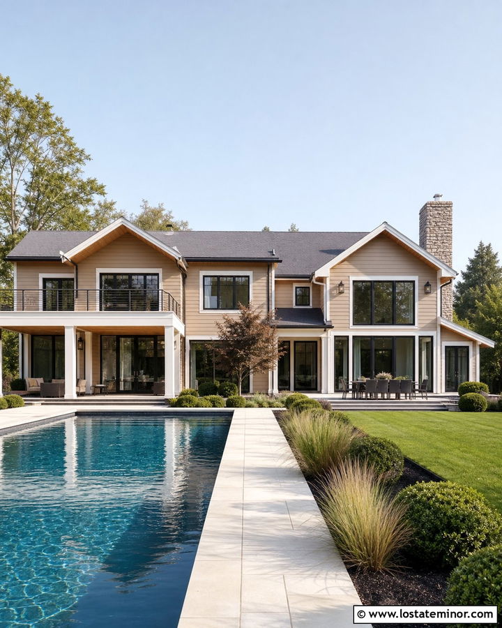 Tan Modern House With Rectangular Pool - 30 Tan House Design With Swimming Pool Ideas