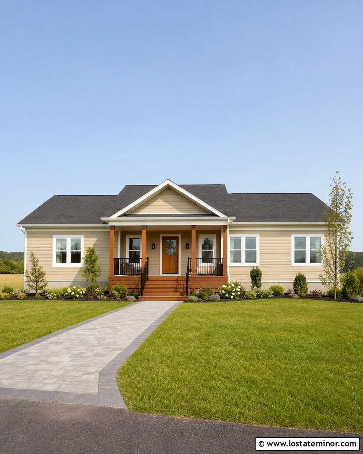 Tan Modular House With Simple Front Porch - 30 Tan House Design With Front Porch Ideas