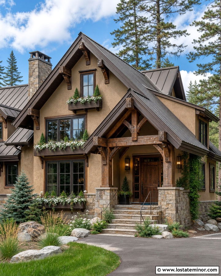 Tan Mountain House With Bronze Window Boxes - 30 Tan House Design With Window Boxes Ideas